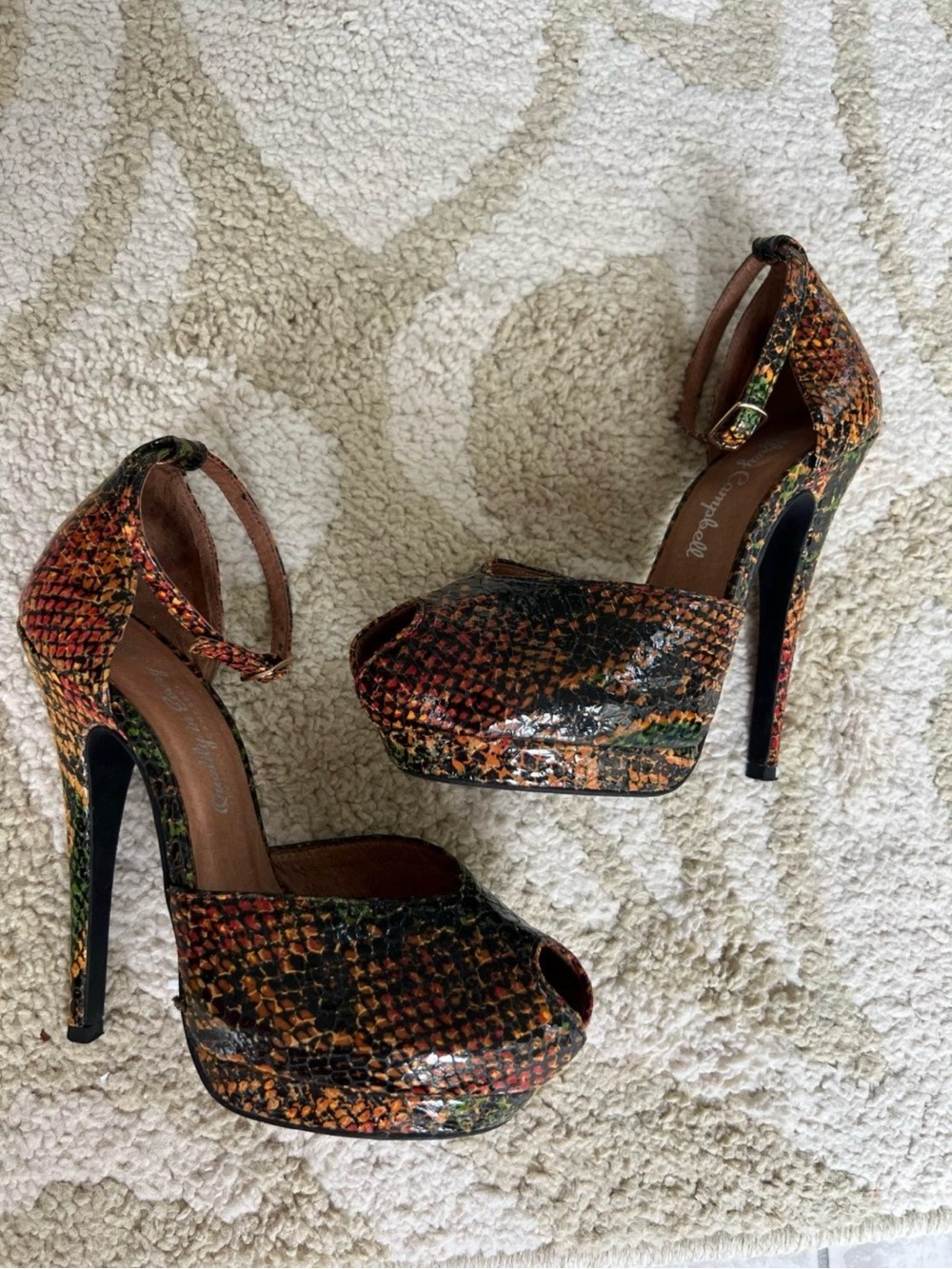 Jeffrey Campbell Midler Multicolor Snake-Print Platform Peep-Toe Heels